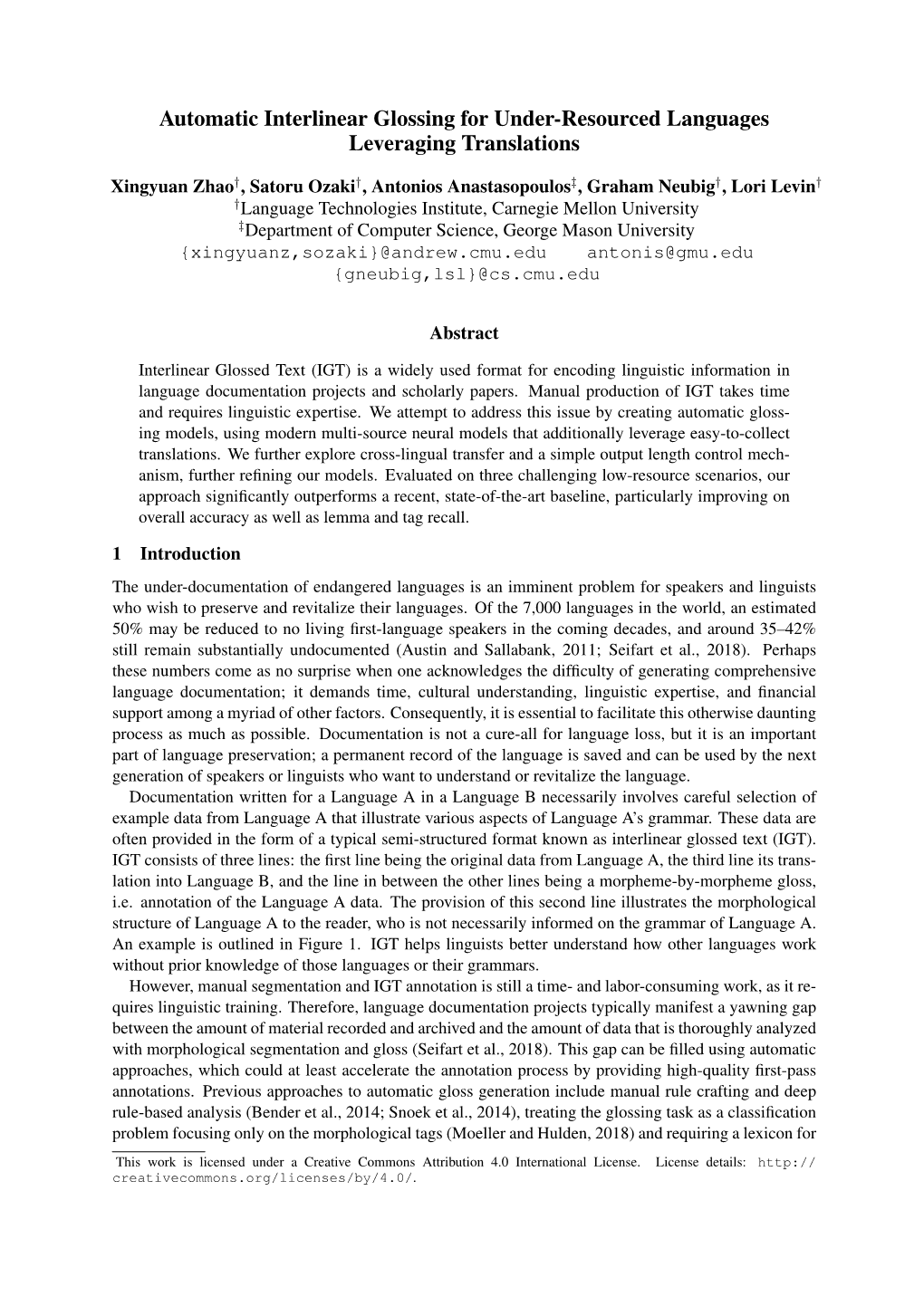 Automatic Interlinear Glossing for Under-Resourced Languages Leveraging Translations