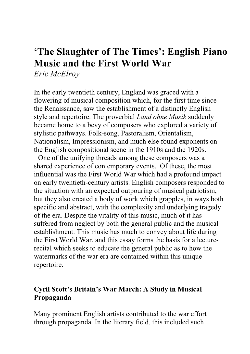 English Piano Music and the First World War Eric Mcelroy