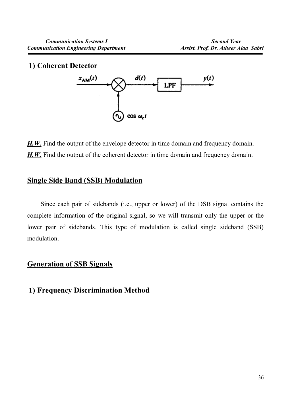 1) Coherent Detector Single Side Band (SSB) Modulation Generation of SSB Signals 1) Frequency Discrimination Method