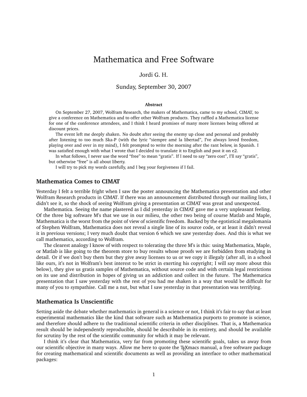 Mathematica and Free Software