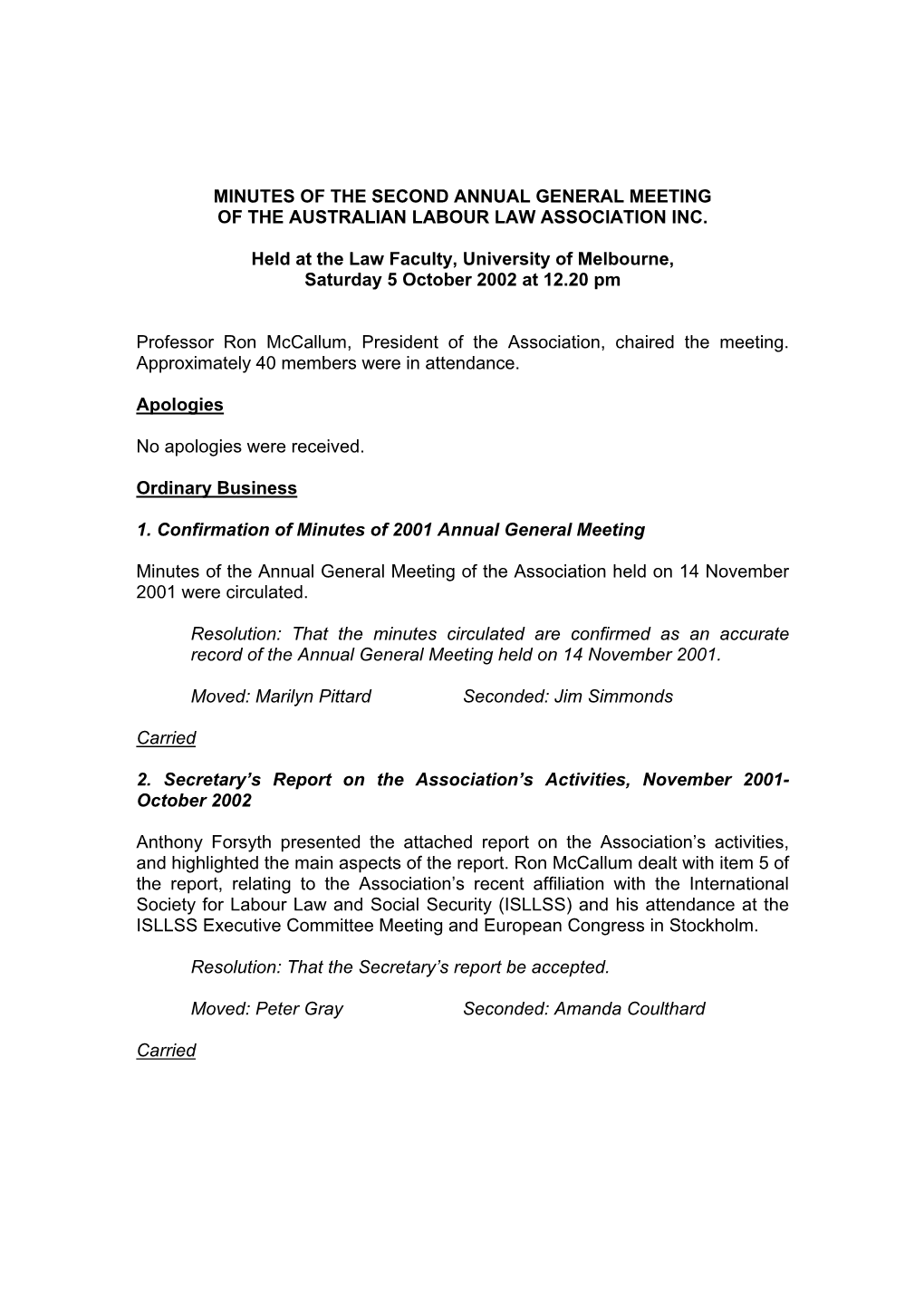 Minutes of the Second Annual General Meeting of the Australian Labour Law Association Inc