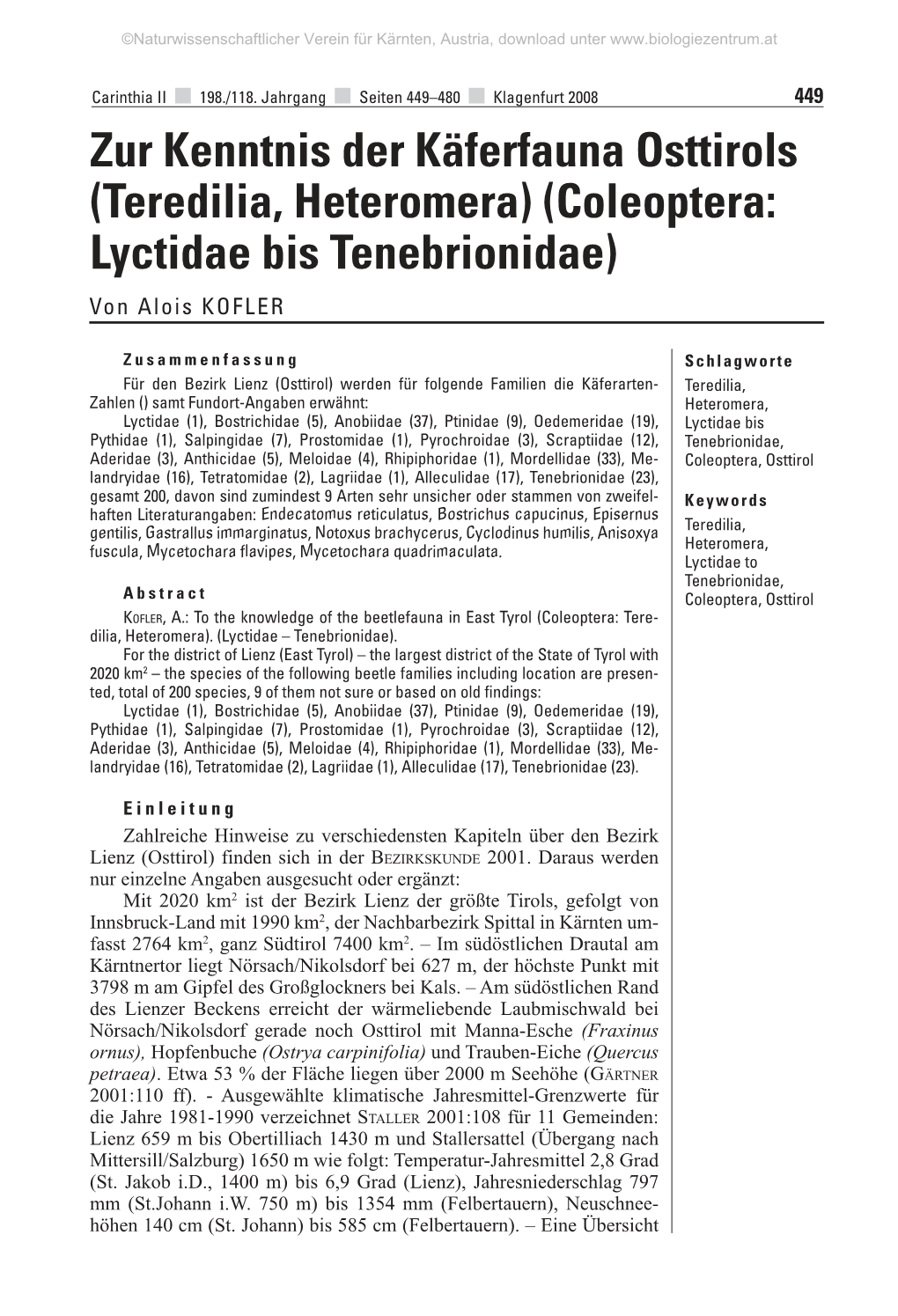 Zur Kenntnis Der Käferfauna Osttirols (Teredilia, Heteromera) (Coleoptera: Lyctidae Bis Tenebrionidae) Von Alois KOFLER