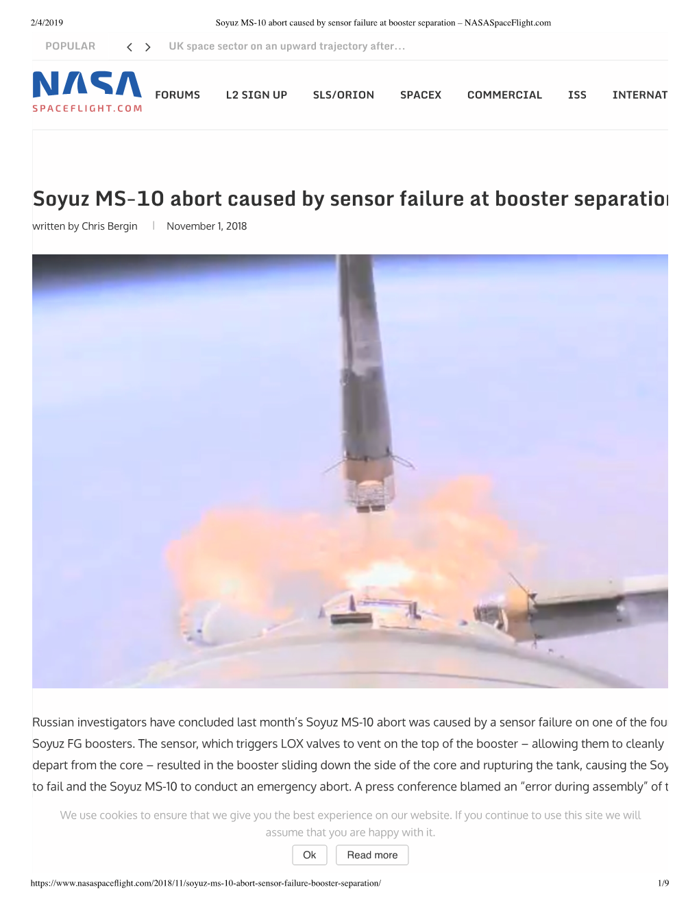 Soyuz MS-10 Abort Caused by Sensor Failure at Booster Separation – Nasaspaceflight.Com