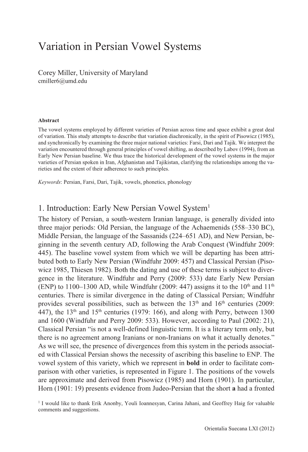 Variation in Persian Vowel Systems