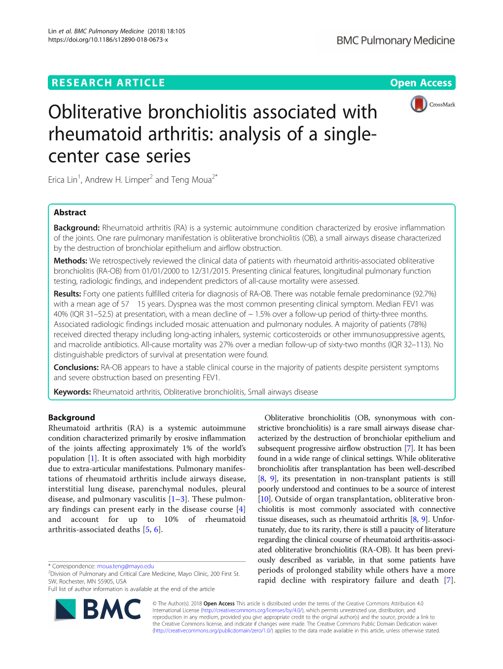 Obliterative Bronchiolitis Associated with Rheumatoid Arthritis: Analysis of a Single- Center Case Series Erica Lin1, Andrew H