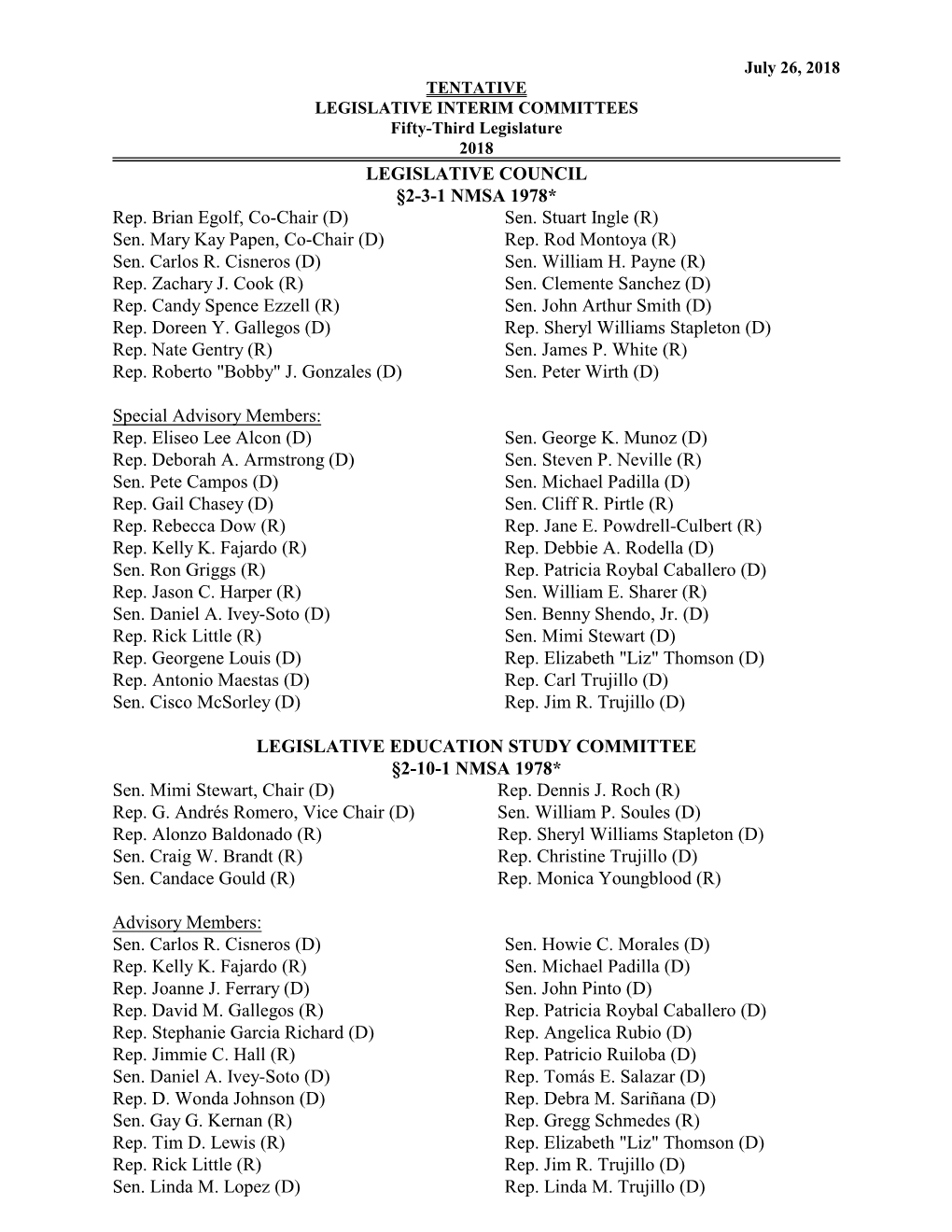 LEGISLATIVE COUNCIL §2-3-1 NMSA 1978* Rep