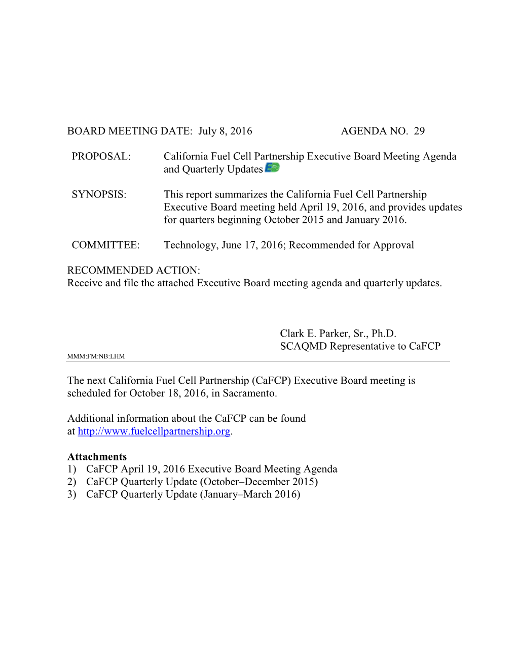 California Fuel Cell Partnership Executive Board Meeting Agenda and Quarterly Updates