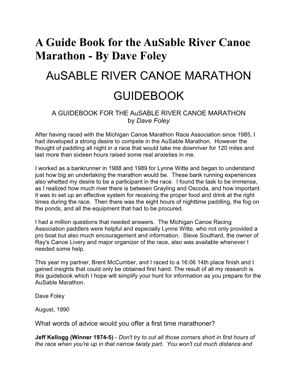 A Guide Book for the Ausable River Canoe Marathon - by Dave Foley