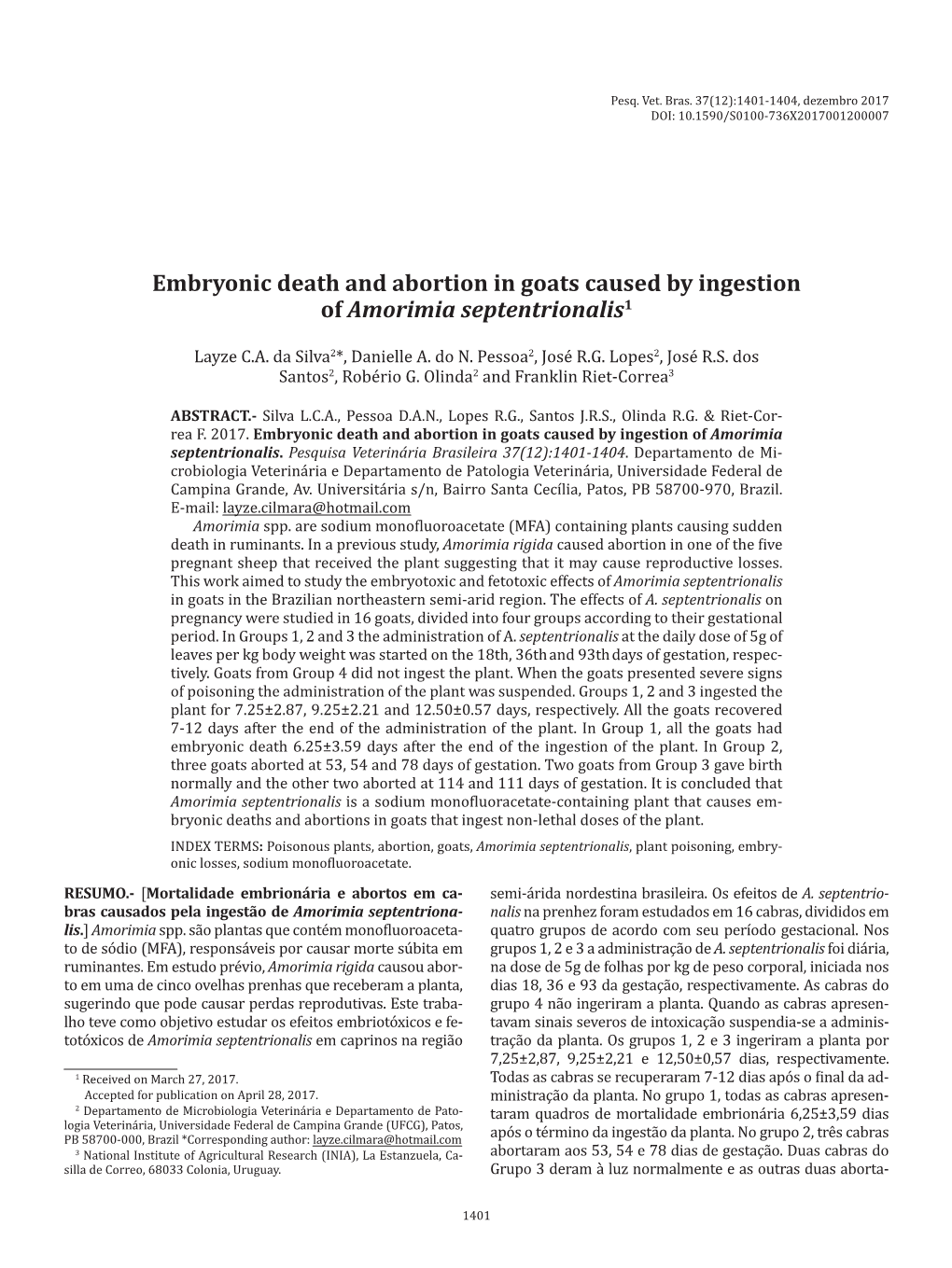 Embryonic Death and Abortion in Goats Caused by Ingestion of Amorimia Septentrionalis1