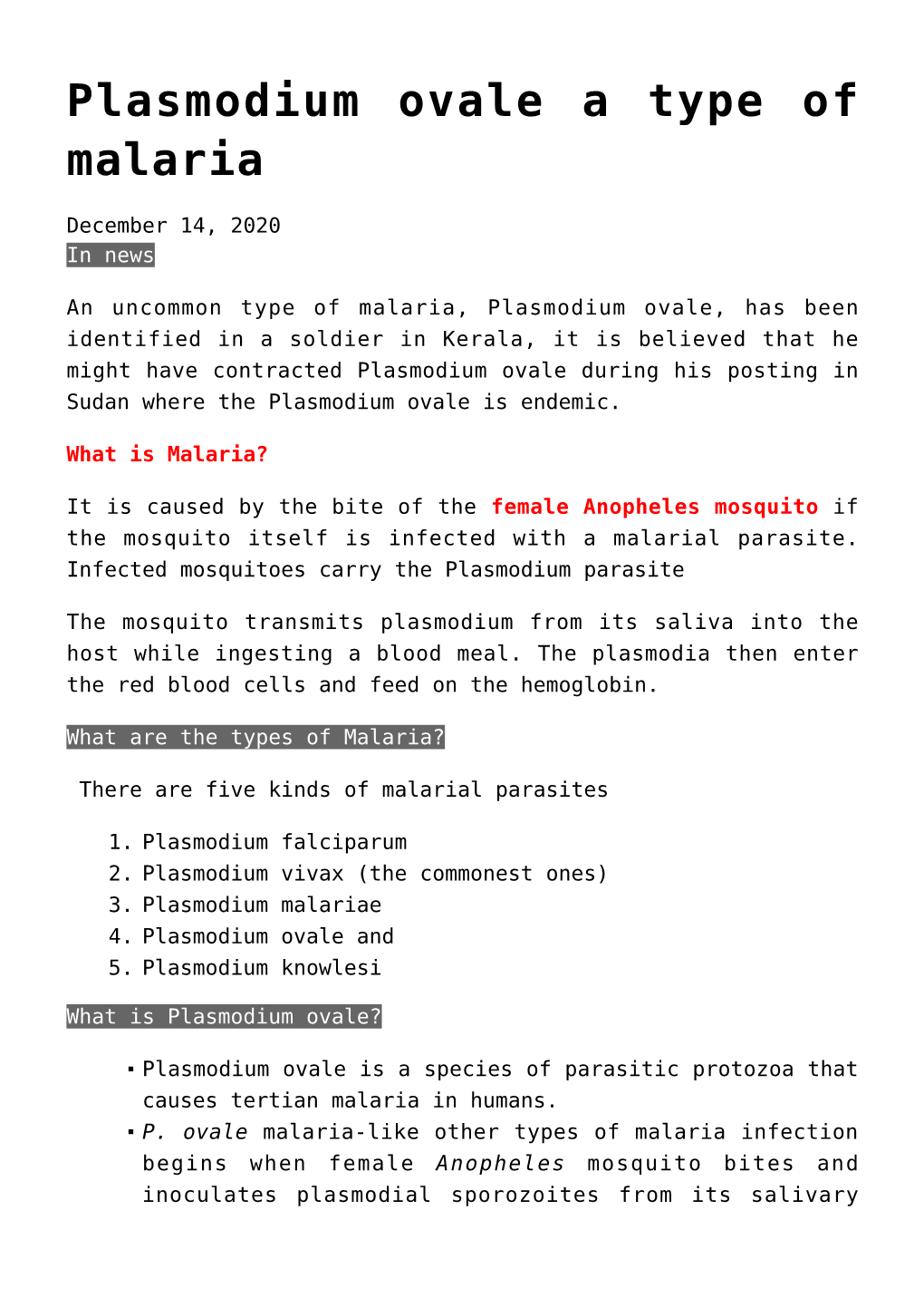 Plasmodium Ovale a Type of Malaria