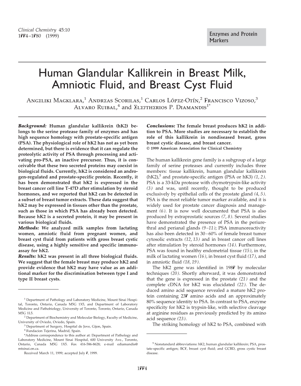 Human Glandular Kallikrein in Breast Milk, Amniotic Fluid, and Breast Cyst Fluid