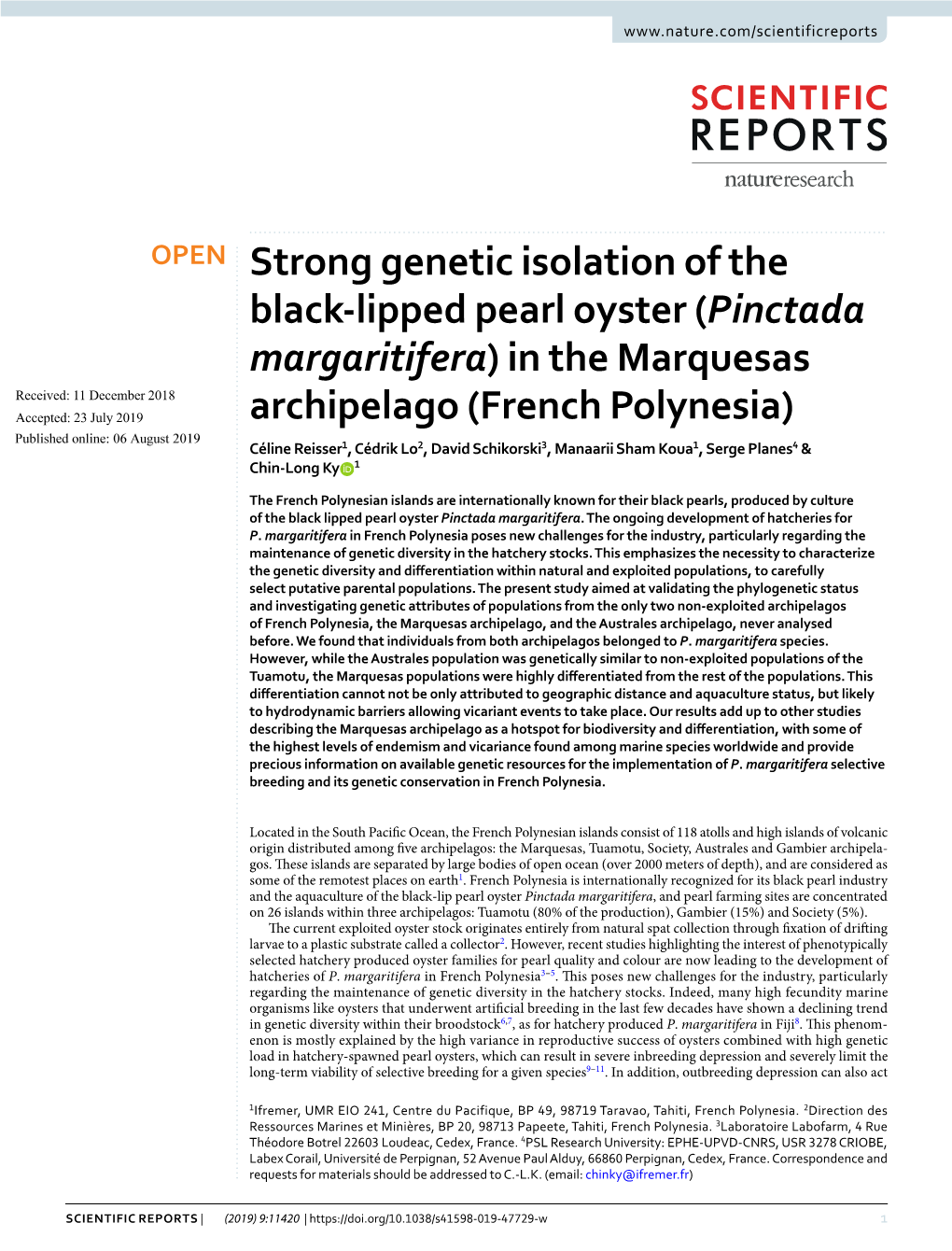 Strong Genetic Isolation of the Black-Lipped Pearl Oyster (Pinctada Margaritifera) in the Marquesas Archipelago (French Polynesi