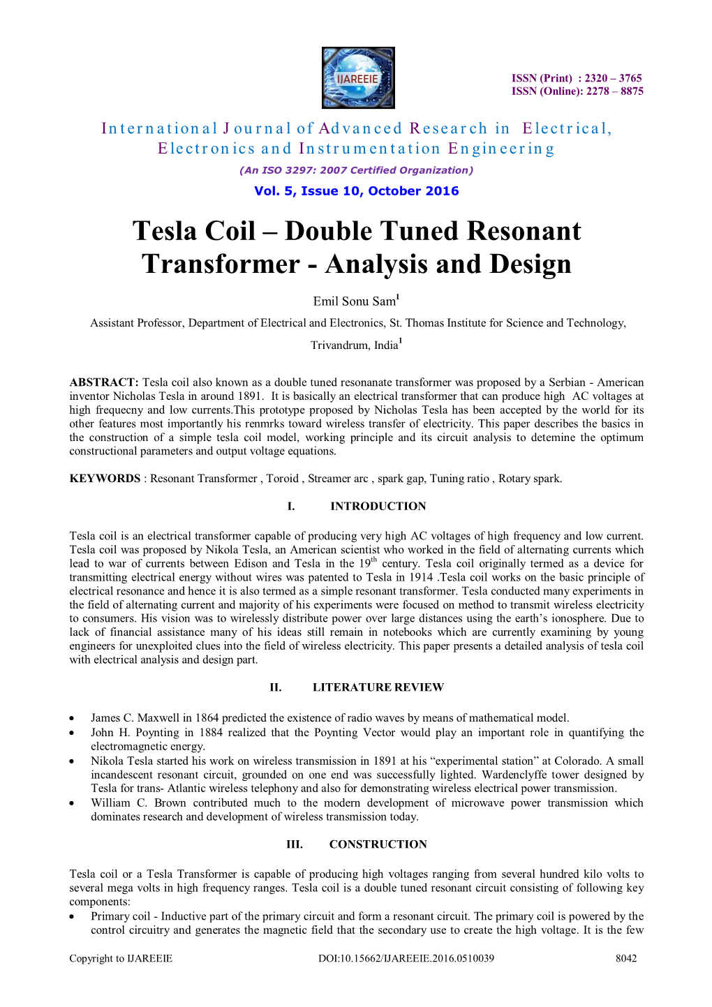 Tesla Coil – Double Tuned Resonant Transformer - Analysis and Design