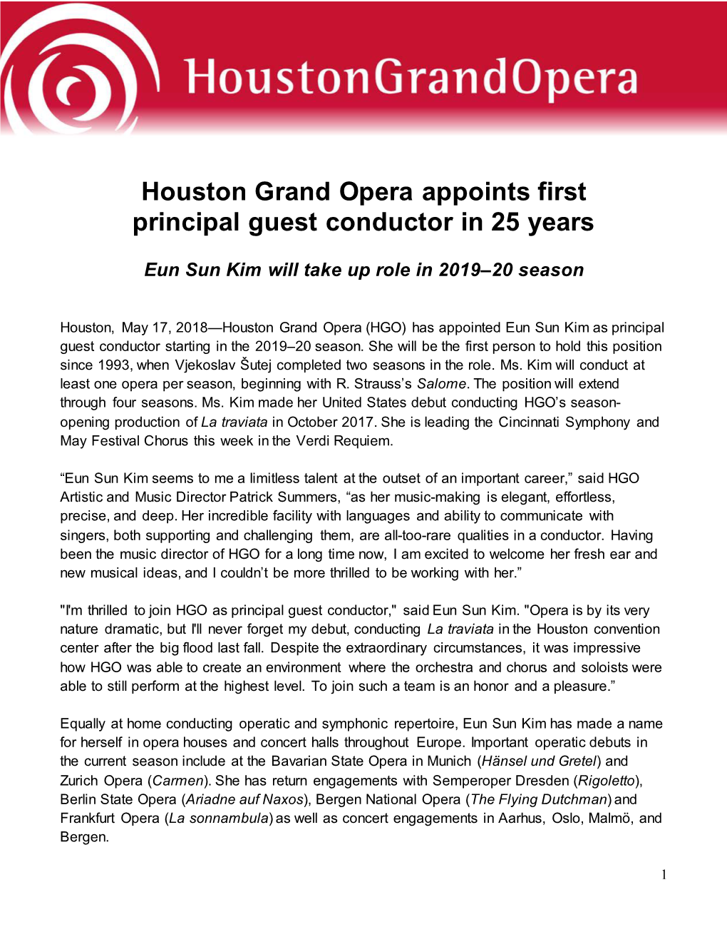 Houston Grand Opera Appoints First Principal Guest Conductor in 25 Years