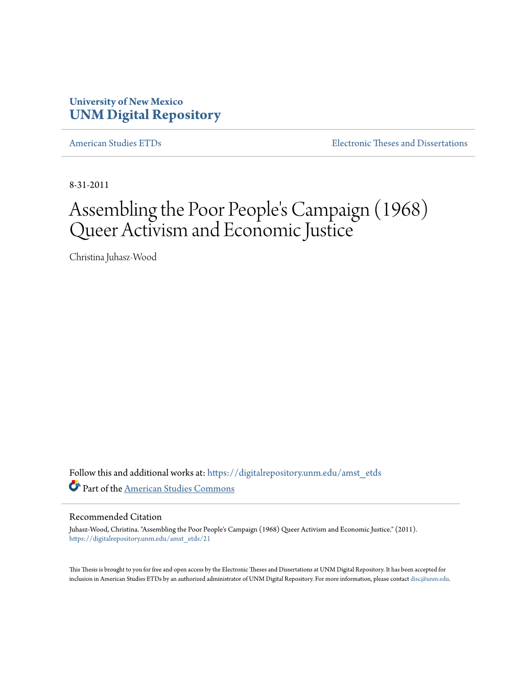 Assembling the Poor People's Campaign (1968) Queer Activism and Economic Justice Christina Juhasz-Wood