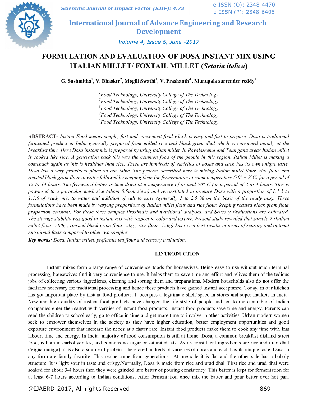 FORMULATION and EVALUATION of DOSA INSTANT MIX USING ITALIAN MILLET/ FOXTAIL MILLET (Setaria Italica)