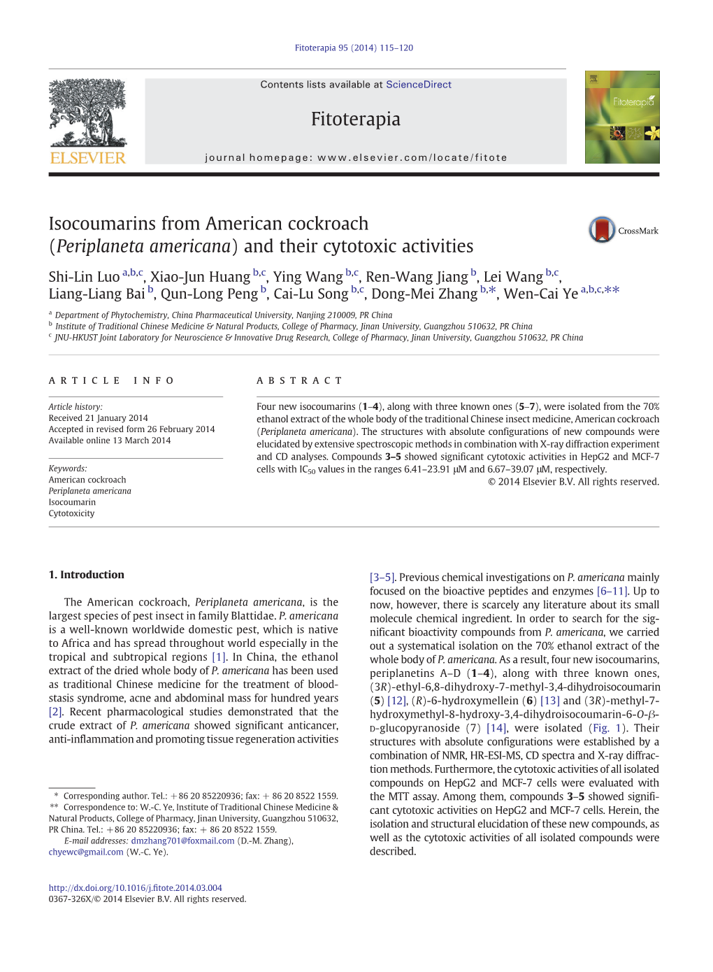 Periplaneta Americana) and Their Cytotoxic Activities