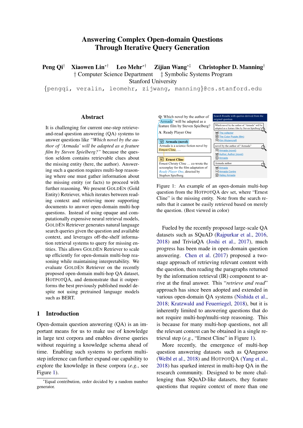 Answering Complex Open-Domain Questions Through Iterative Query Generation