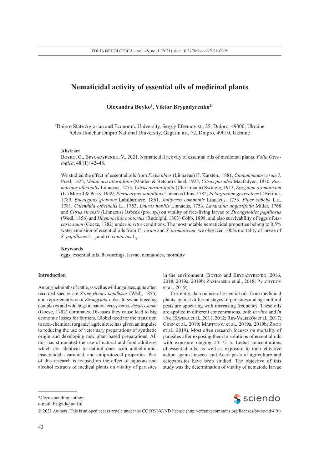 Nematicidal Activity of Essential Oils of Medicinal Plants