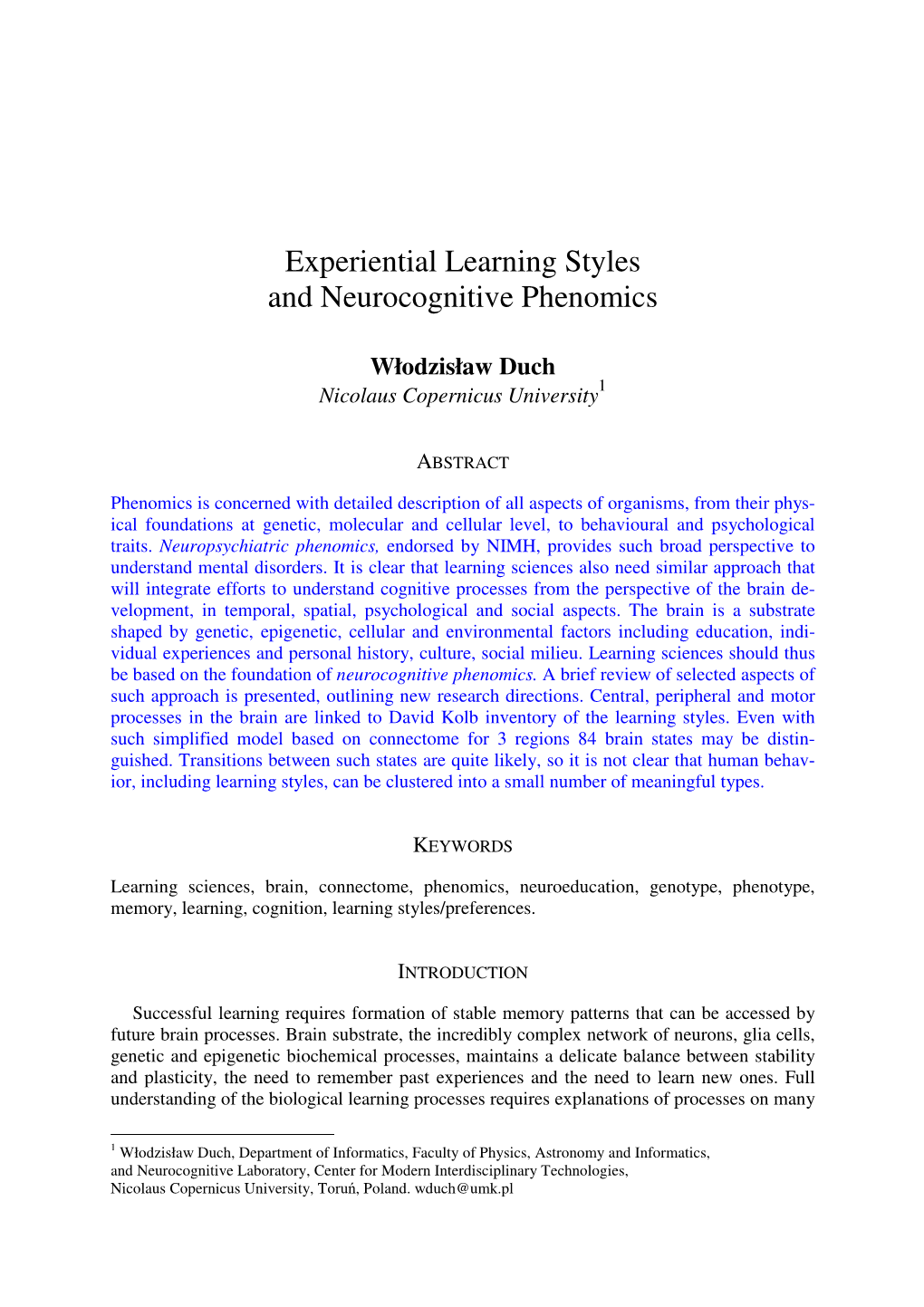 Experiential Learning Styles and Neurocognitive Phenomics