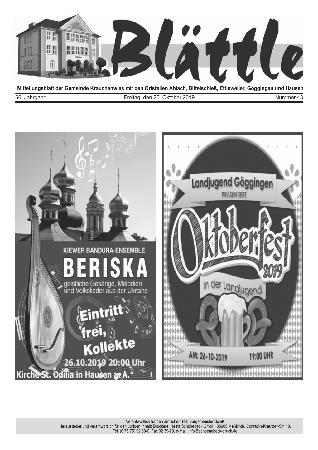 Mitteilungsblatt Der Gemeinde Krauchenwies Mit Den Ortsteilen Ablach, Bittelschieß, Ettisweiler, Göggingen Und Hausen 60