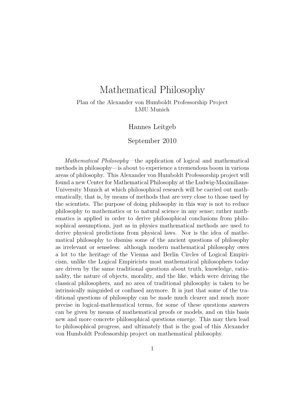 Mathematical Philosophy Plan of the Alexander Von Humboldt Professorship Project LMU Munich