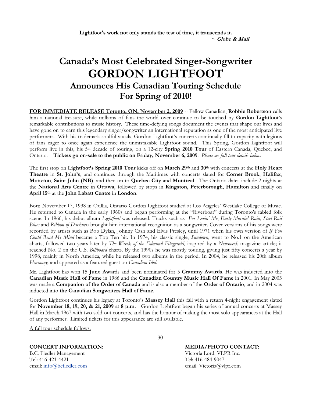 Gordon Lightfoot Spring 2010 Tour Schedule