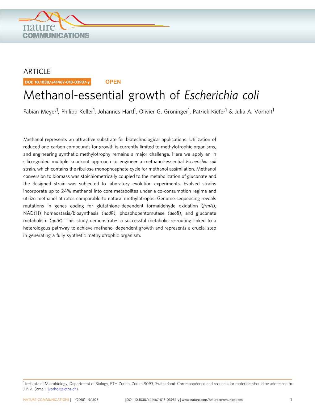Methanol-Essential Growth of Escherichia Coli