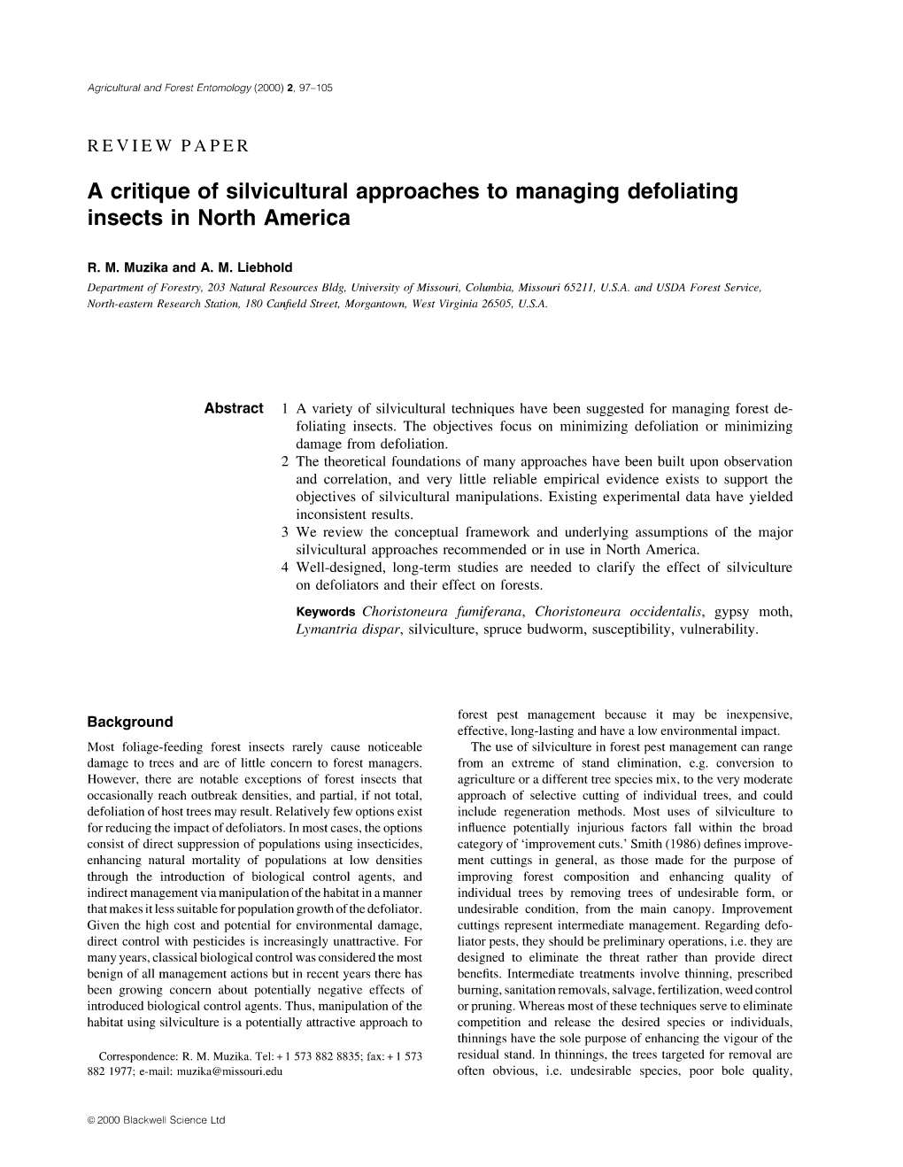 A Critique of Silvicultural Approaches to Managing Defoliating Insects in North America