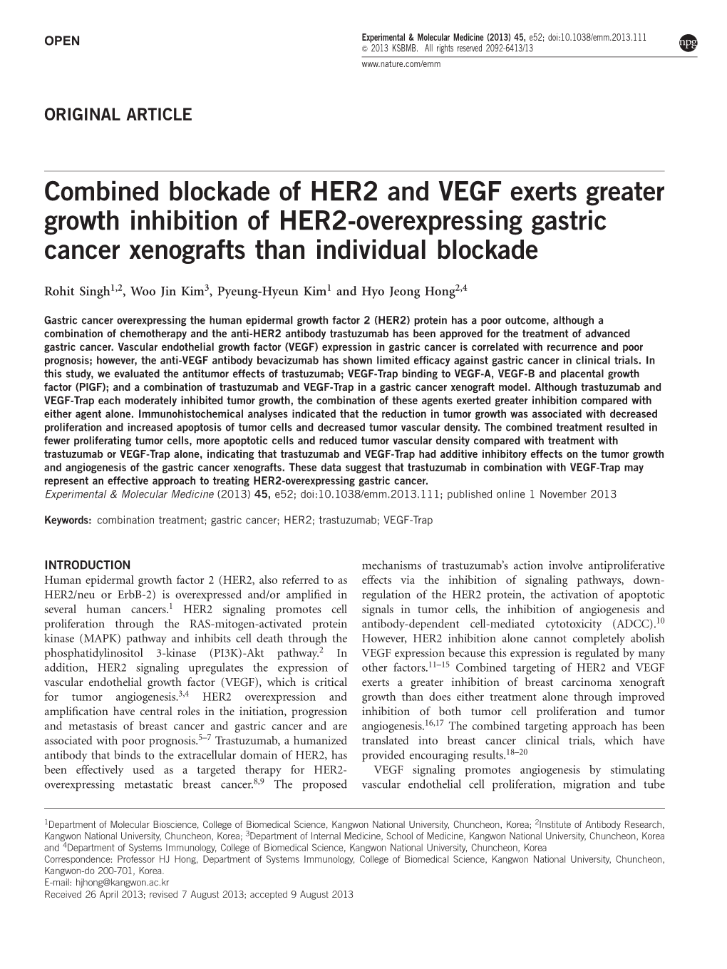 Combined Blockade of HER2 and VEGF Exerts Greater Growth Inhibition of HER2-Overexpressing Gastric Cancer Xenografts Than Individual Blockade