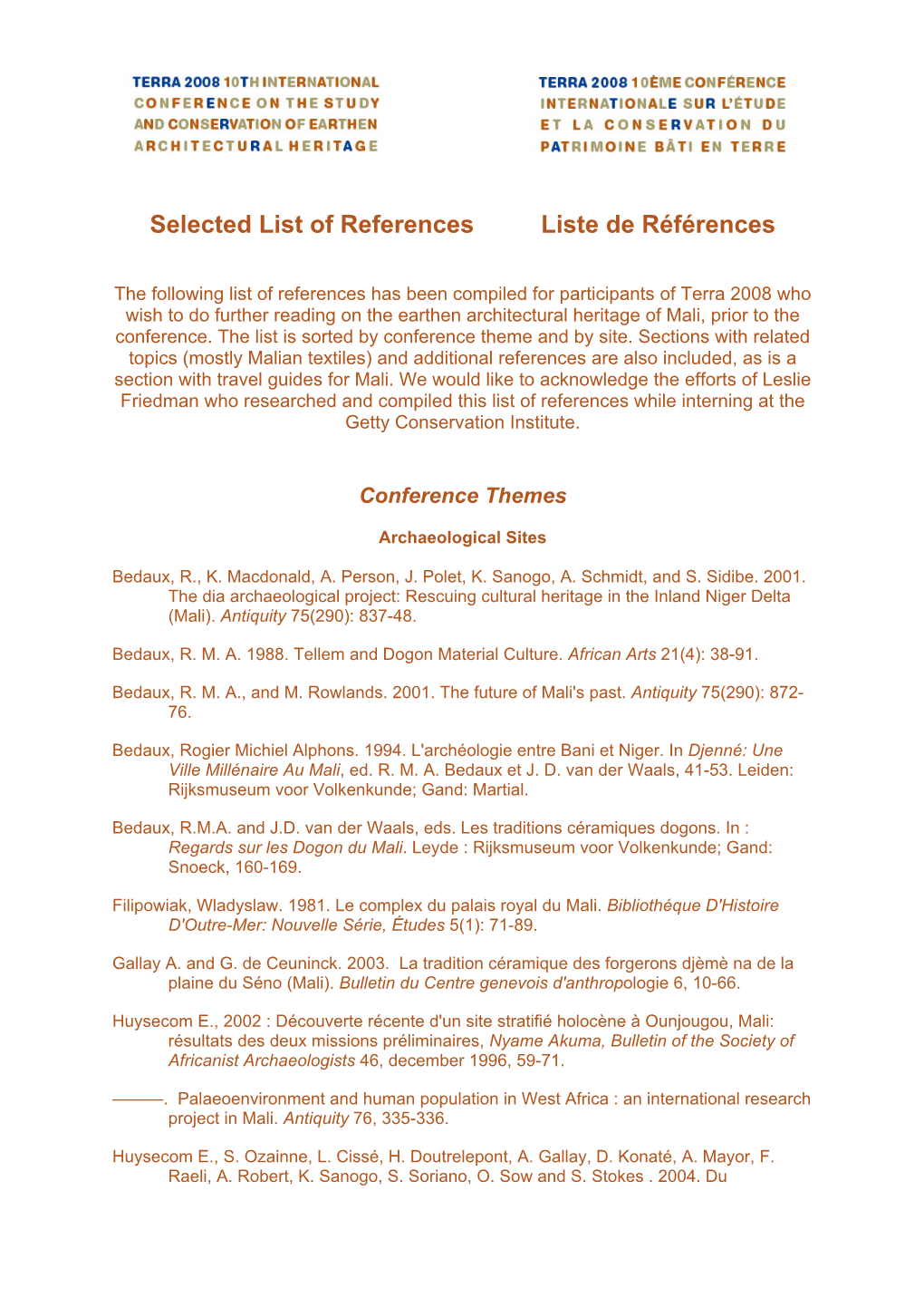 Selected List of References Liste De Références