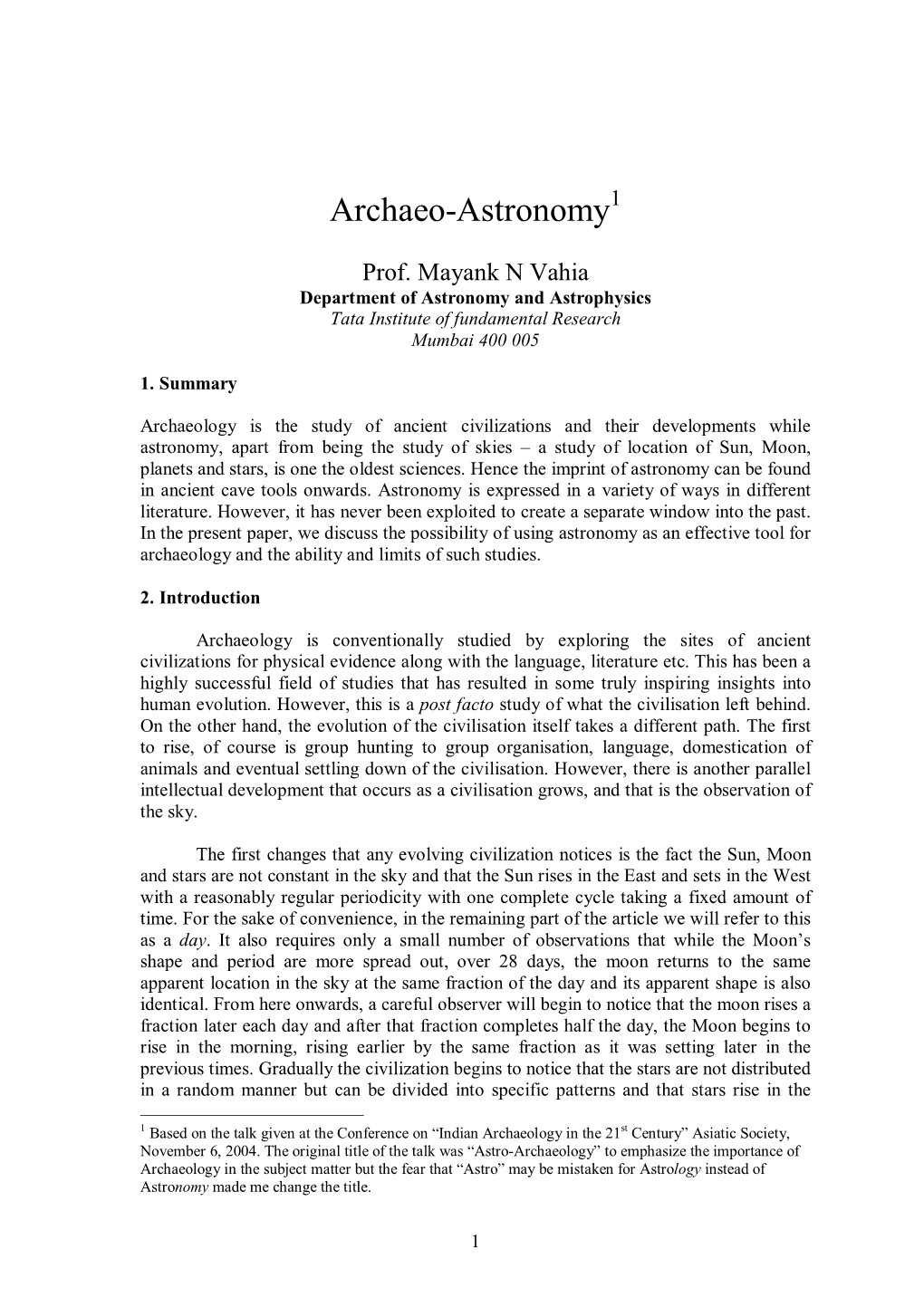 Archaeo-Astronomy 1