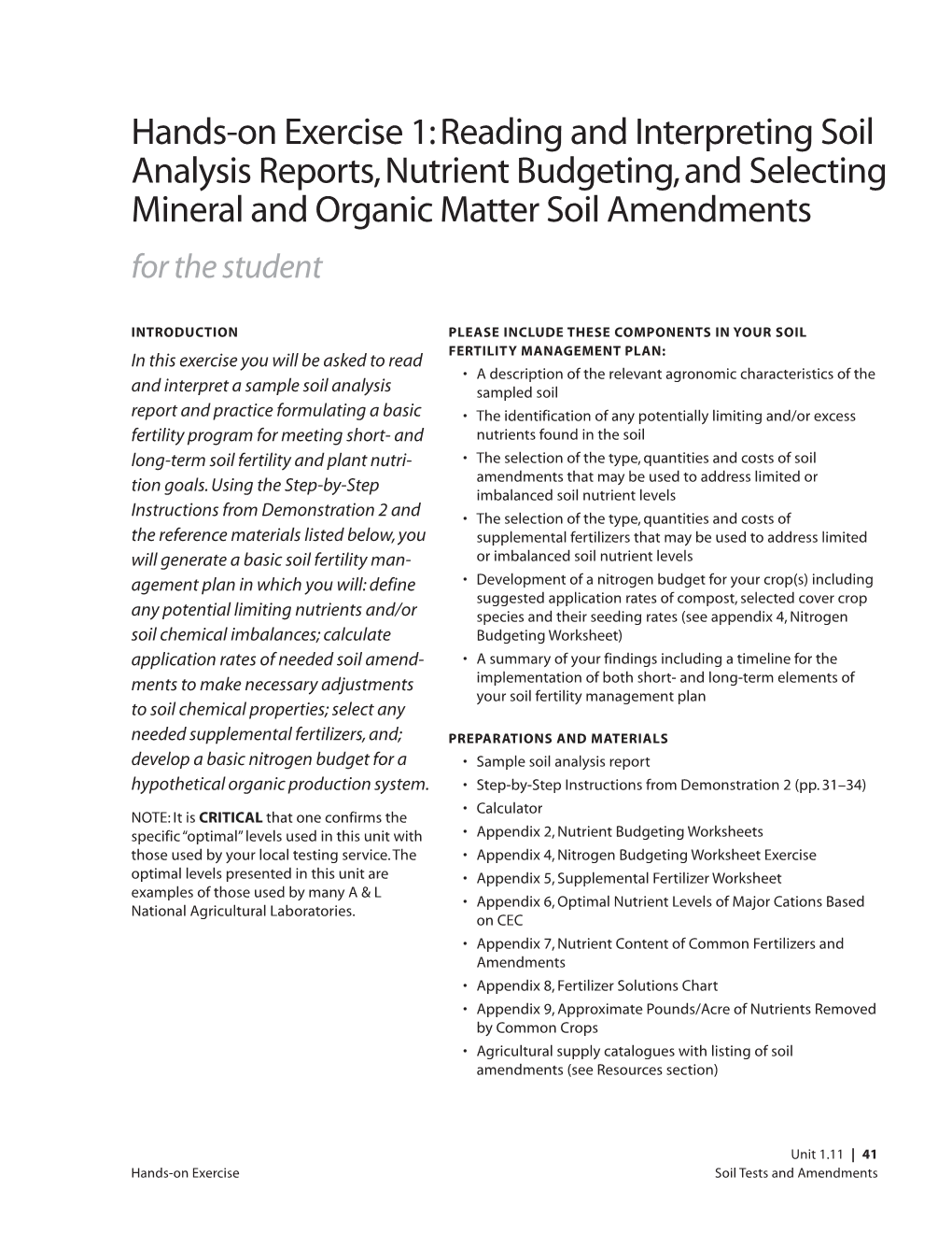 Reading and Interpreting Soil Analysis Reports, Nutrient Budgeting, and Selecting Mineral and Organic Matter Soil Amendments for the Student