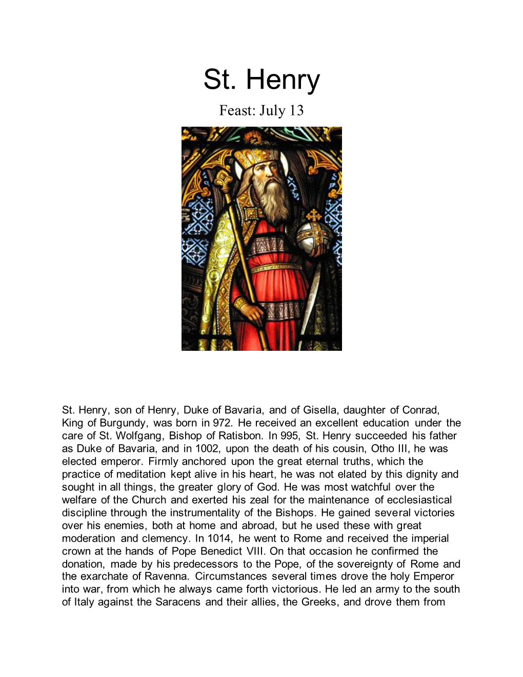 St. Henry Feast: July 13