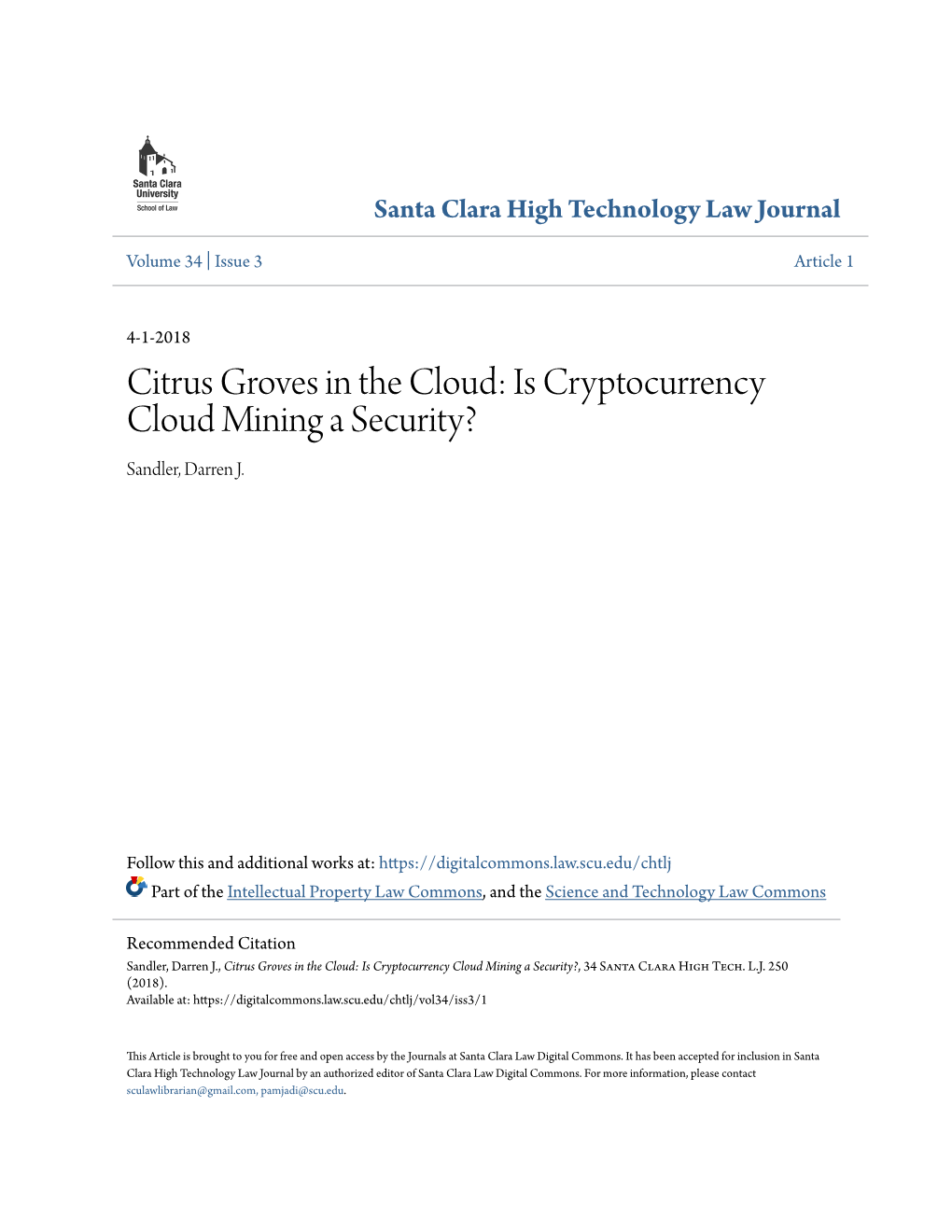 Is Cryptocurrency Cloud Mining a Security? Sandler, Darren J