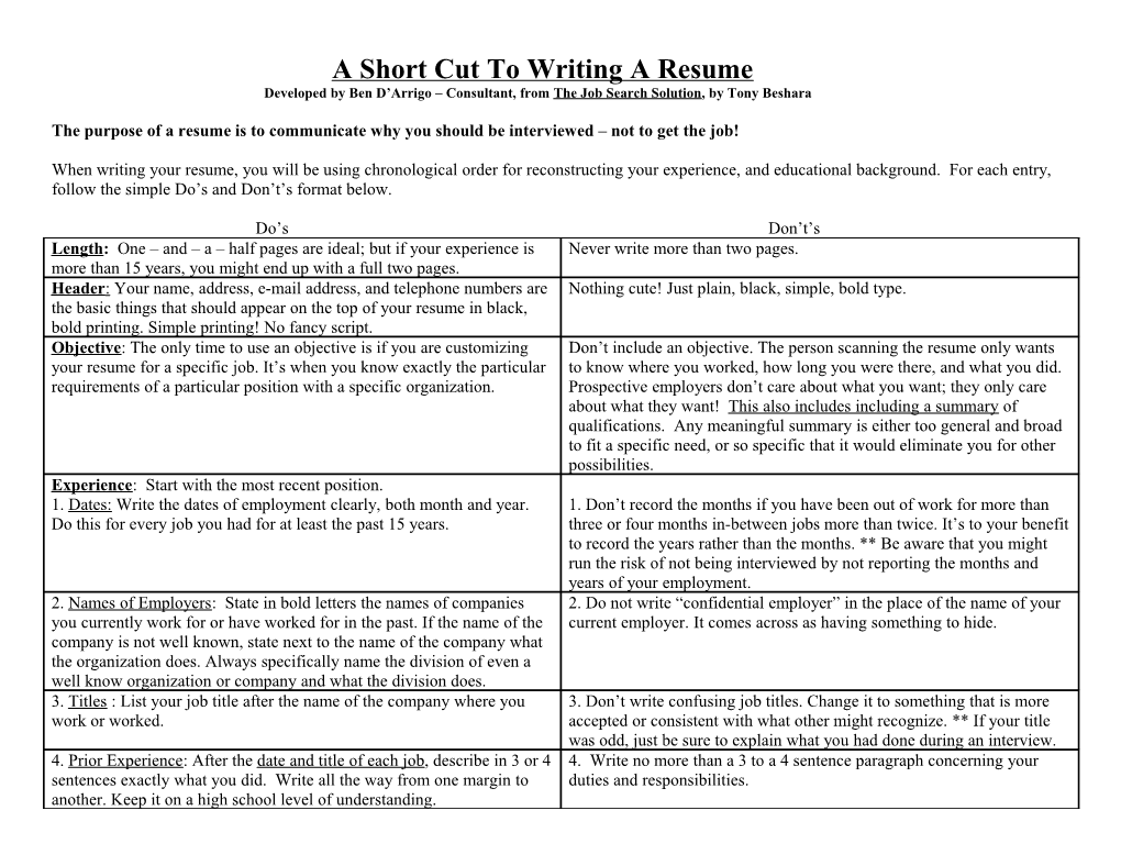 A Short Cut to Writing a Resume