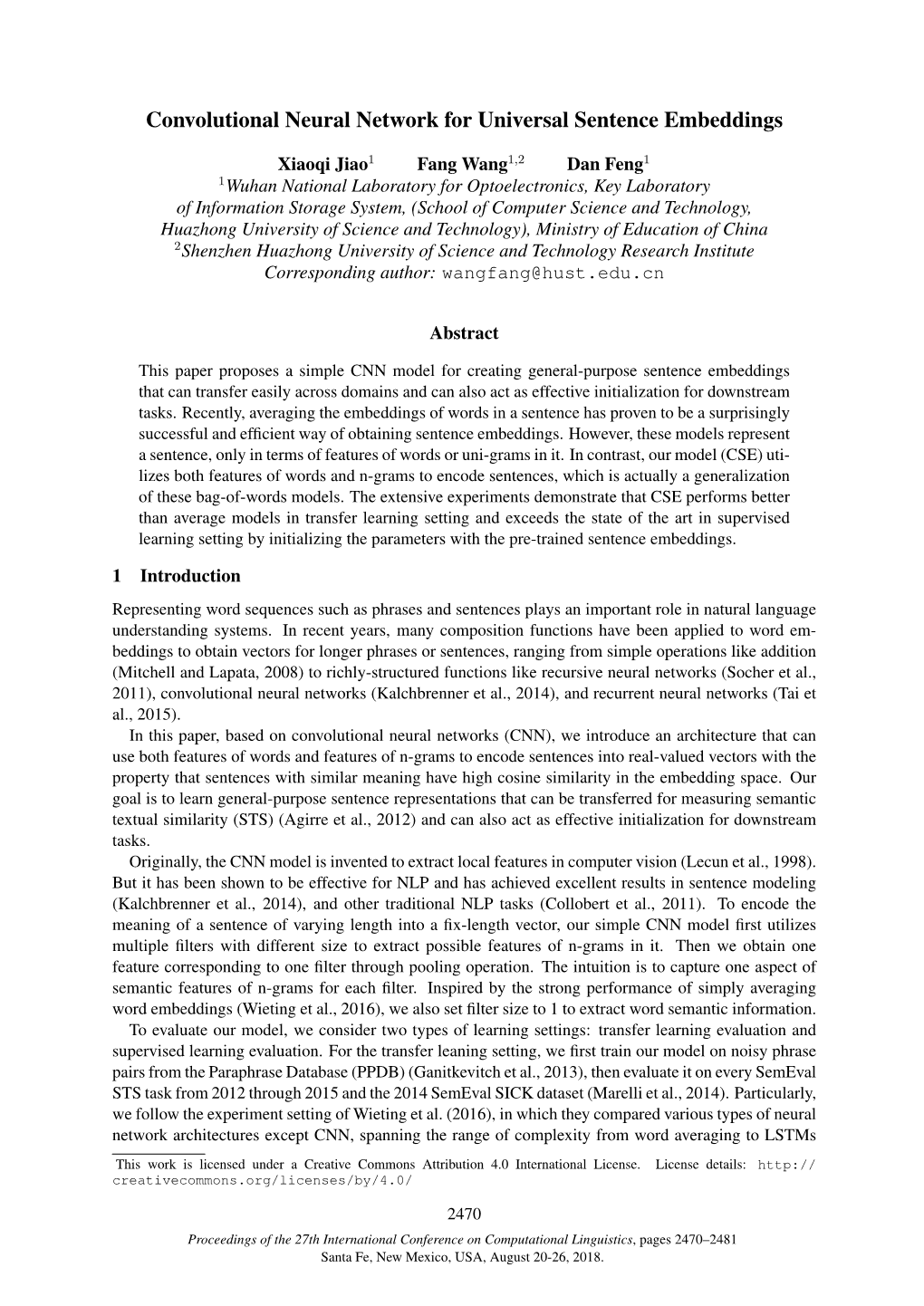 Convolutional Neural Network for Universal Sentence Embeddings