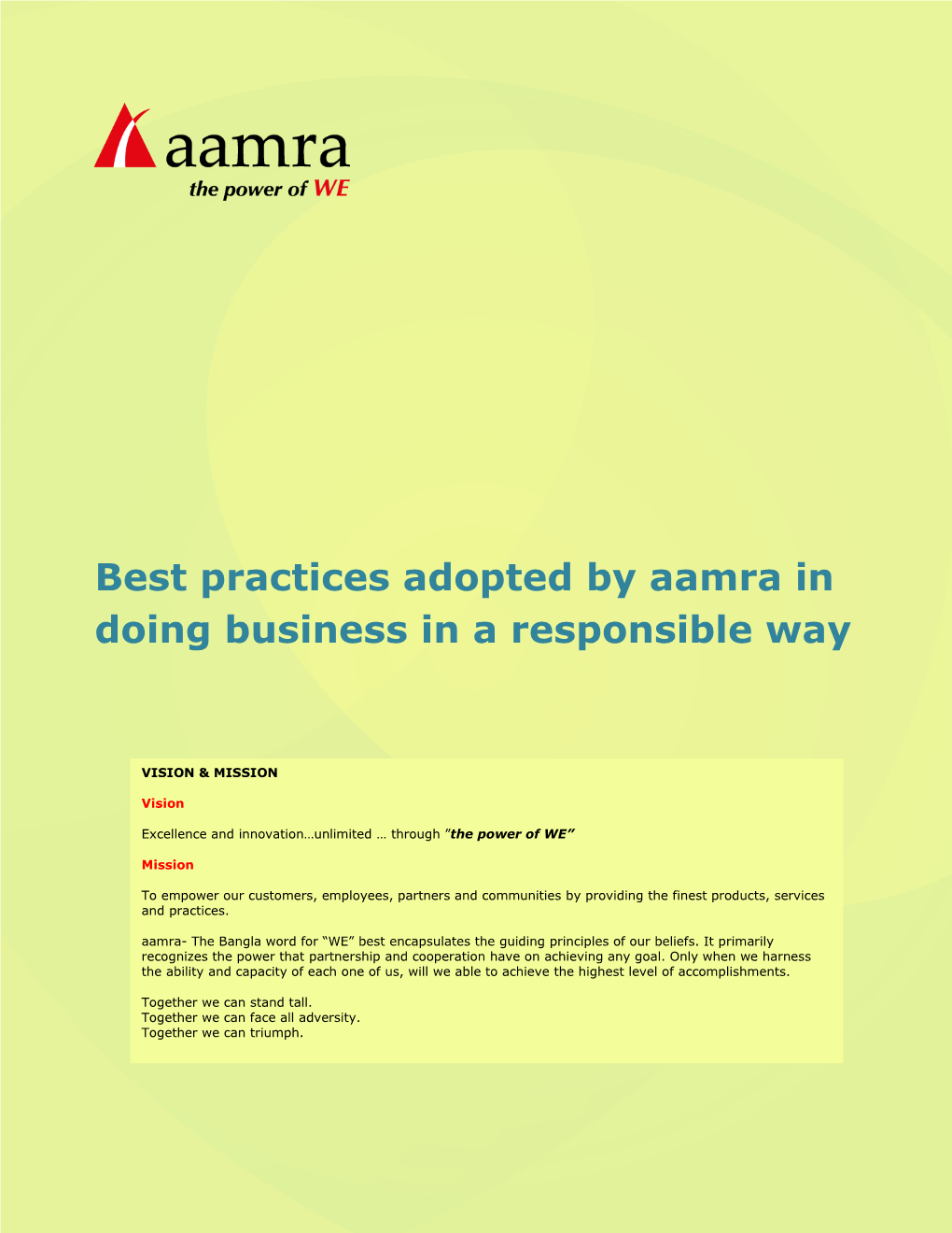 Best Practices Adopted by Aamra in Doing Business in a Responsible Way