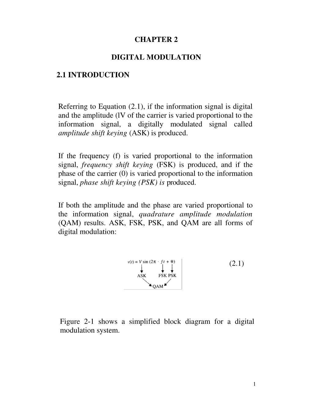 CHAPTER 2 DIGITAL MODULATION 2.1 INTRODUCTION Referring to Equation (2.1), If the Information Signal Is Digital and the Amplitud