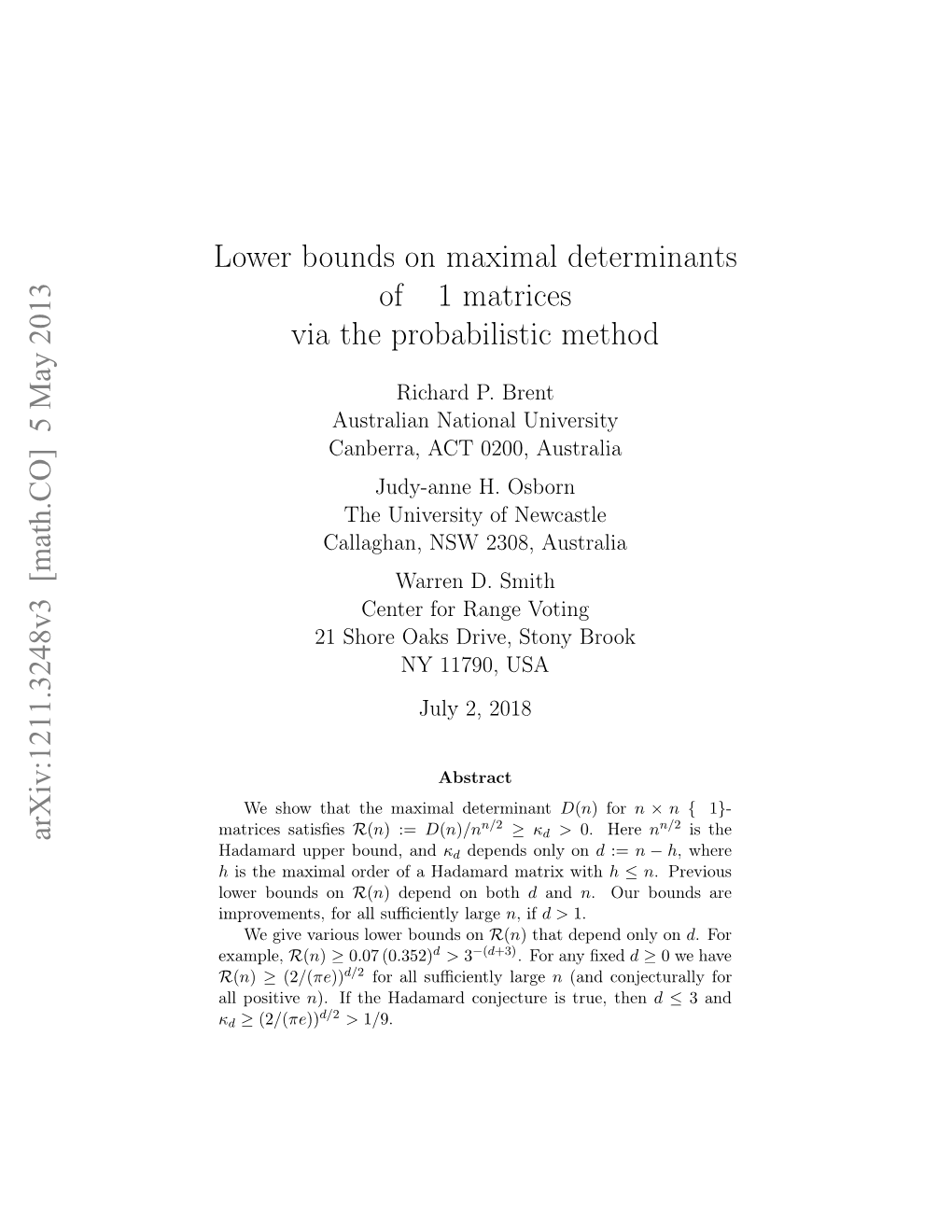 Lower Bounds on Maximal Determinants Of+-1 Matrices Via The