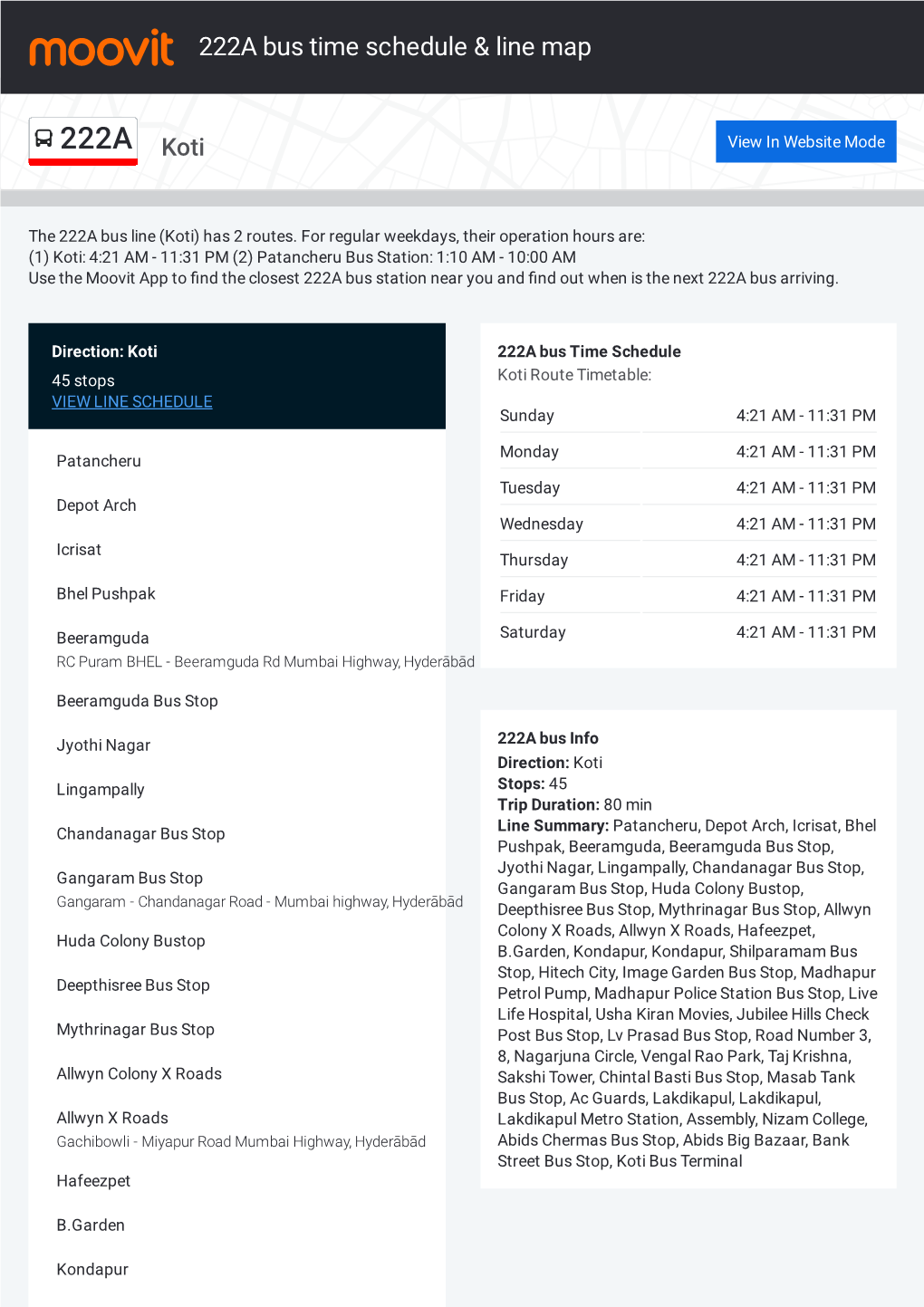 222A Bus Time Schedule & Line Route