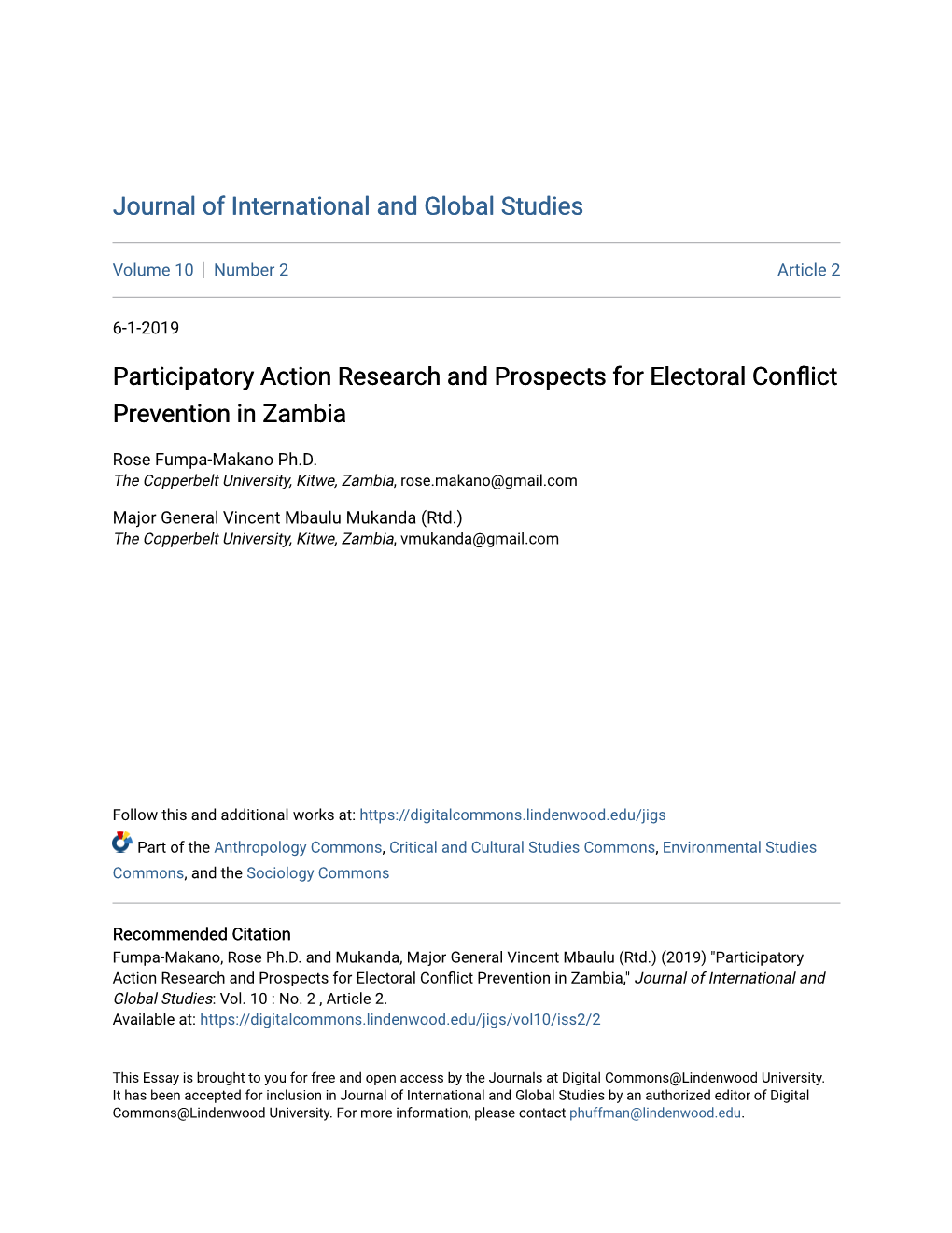 Participatory Action Research and Prospects for Electoral Conflict Prevention in Zambia