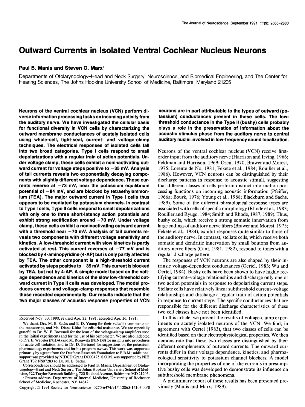 Outward Currents in Isolated Ventral Cochlear Nucleus Neurons