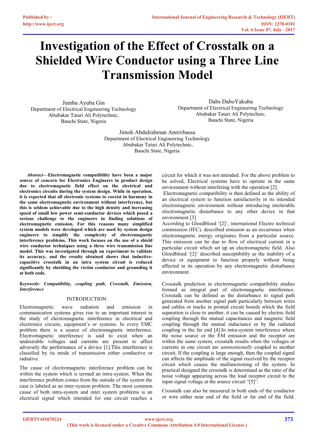 Investigation of the Effect of Crosstalk on a Shielded Wire Conductor Using a Three Line Transmission Model
