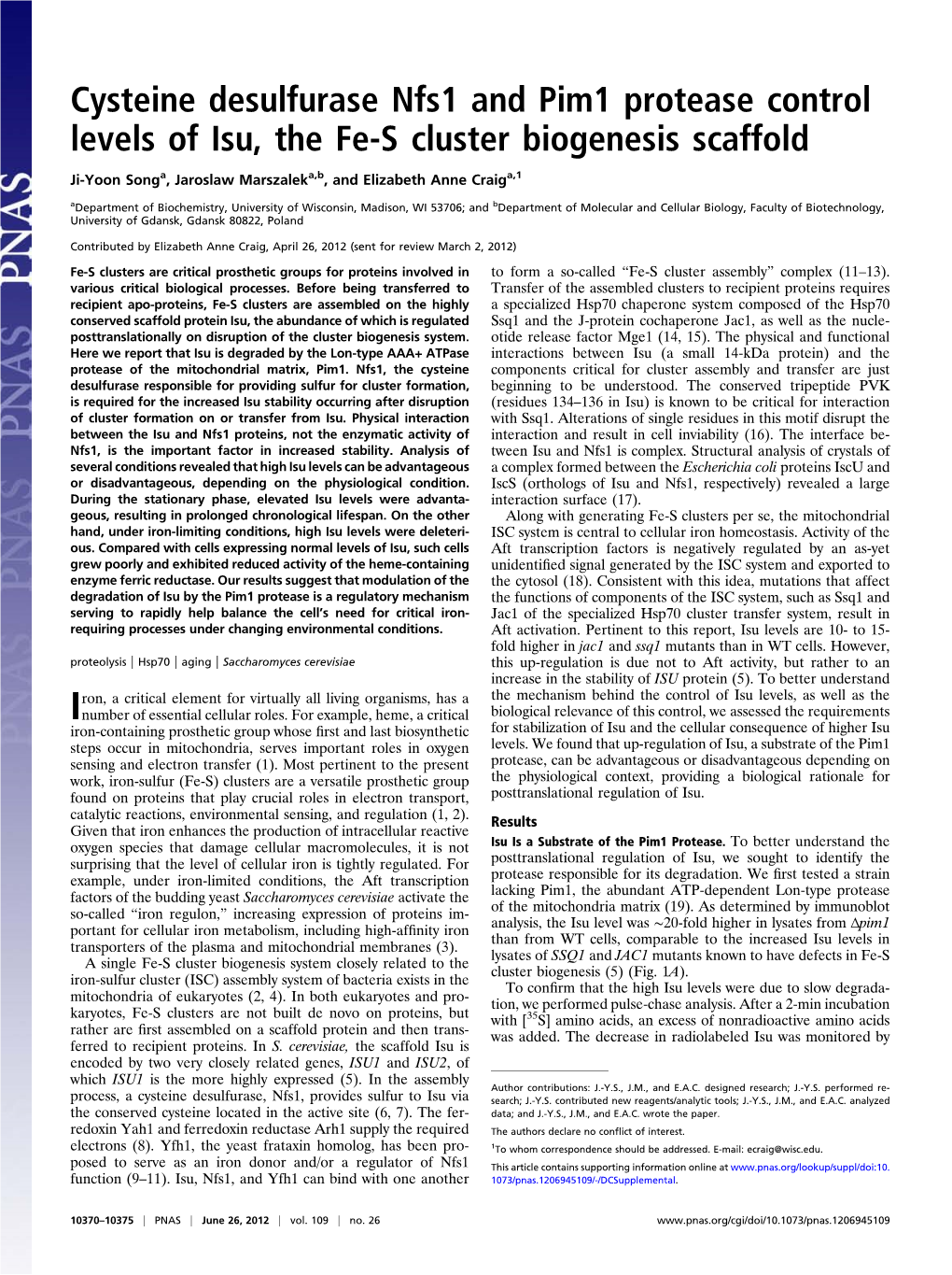 Cysteine Desulfurase Nfs1 and Pim1 Protease Control Levels of Isu, the Fe-S Cluster Biogenesis Scaffold