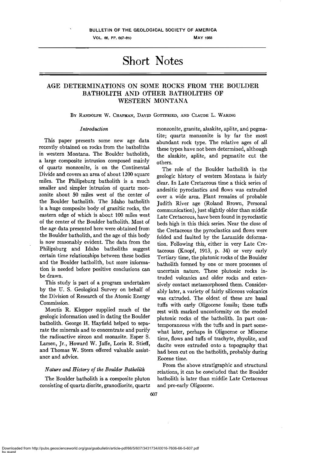 Age Determinations on Some Rocks from the Boulder Batholith and Other Batholiths of Western Montana