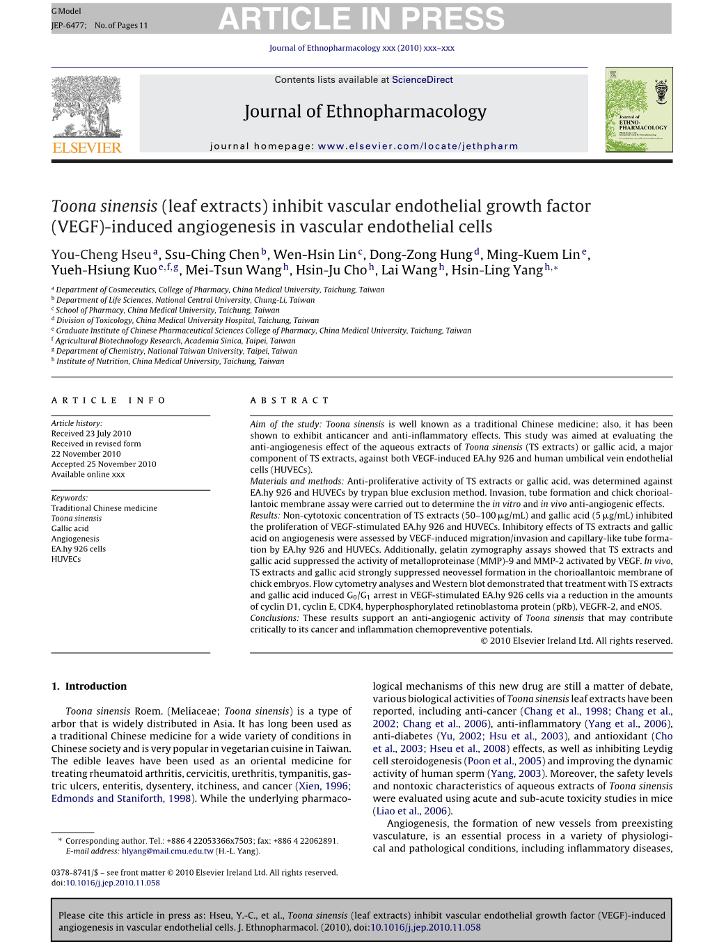 Toona Sinensis (Leaf Extracts) Inhibit Vascular Endothelial Growth Factor (VEGF)-Induced Angiogenesis in Vascular Endothelial Cells