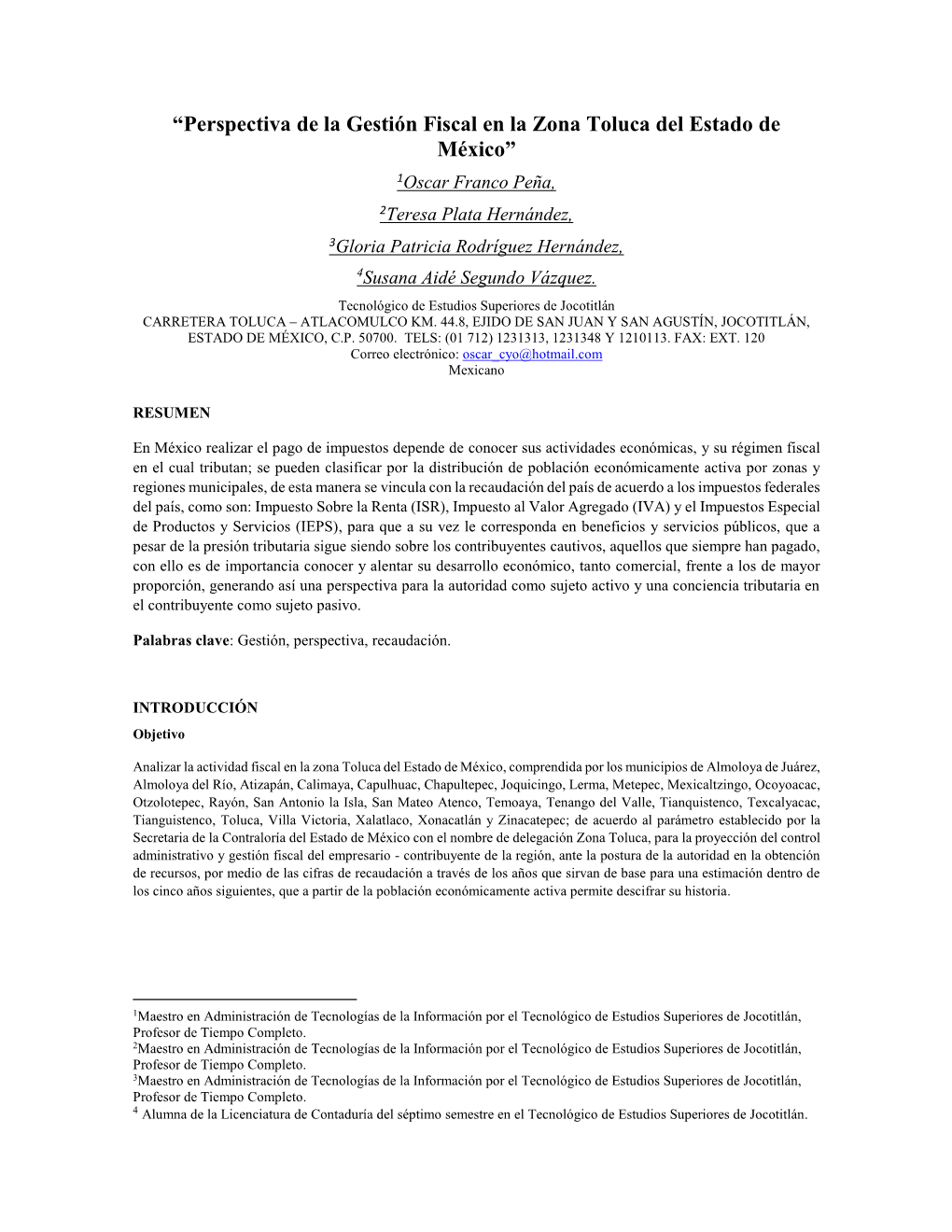 Perspectiva De La Gestión Fiscal En La Zona Toluca Del Estado