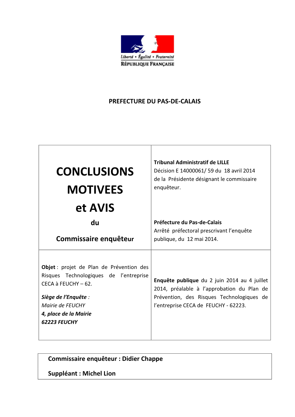 CONCLUSIONS MOTIVEES Et AVIS