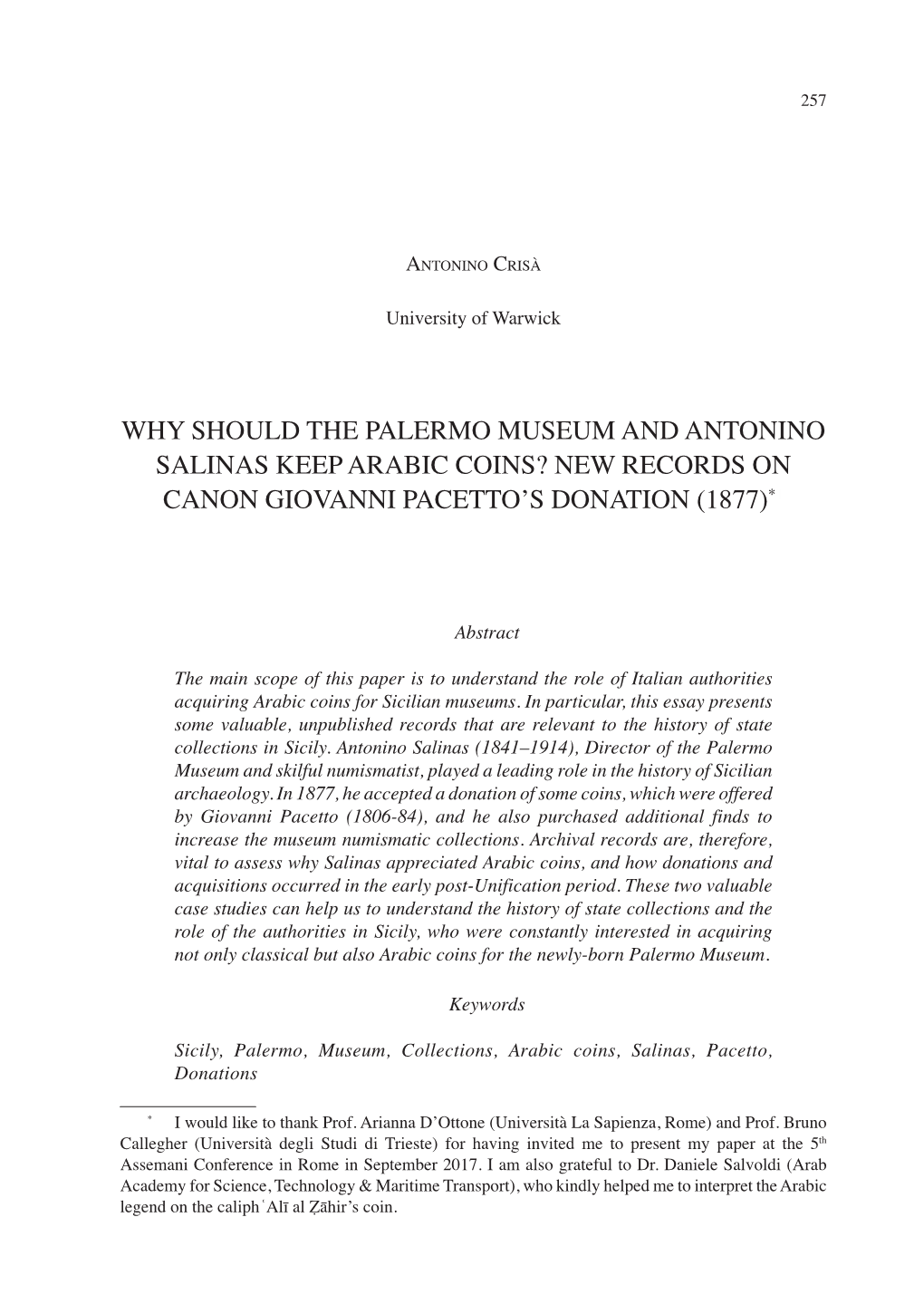Why Should the Palermo Museum and Antonino Salinas Keep Arabic Coins? New Records on Canon Giovanni Pacetto’S Donation (1877)*1